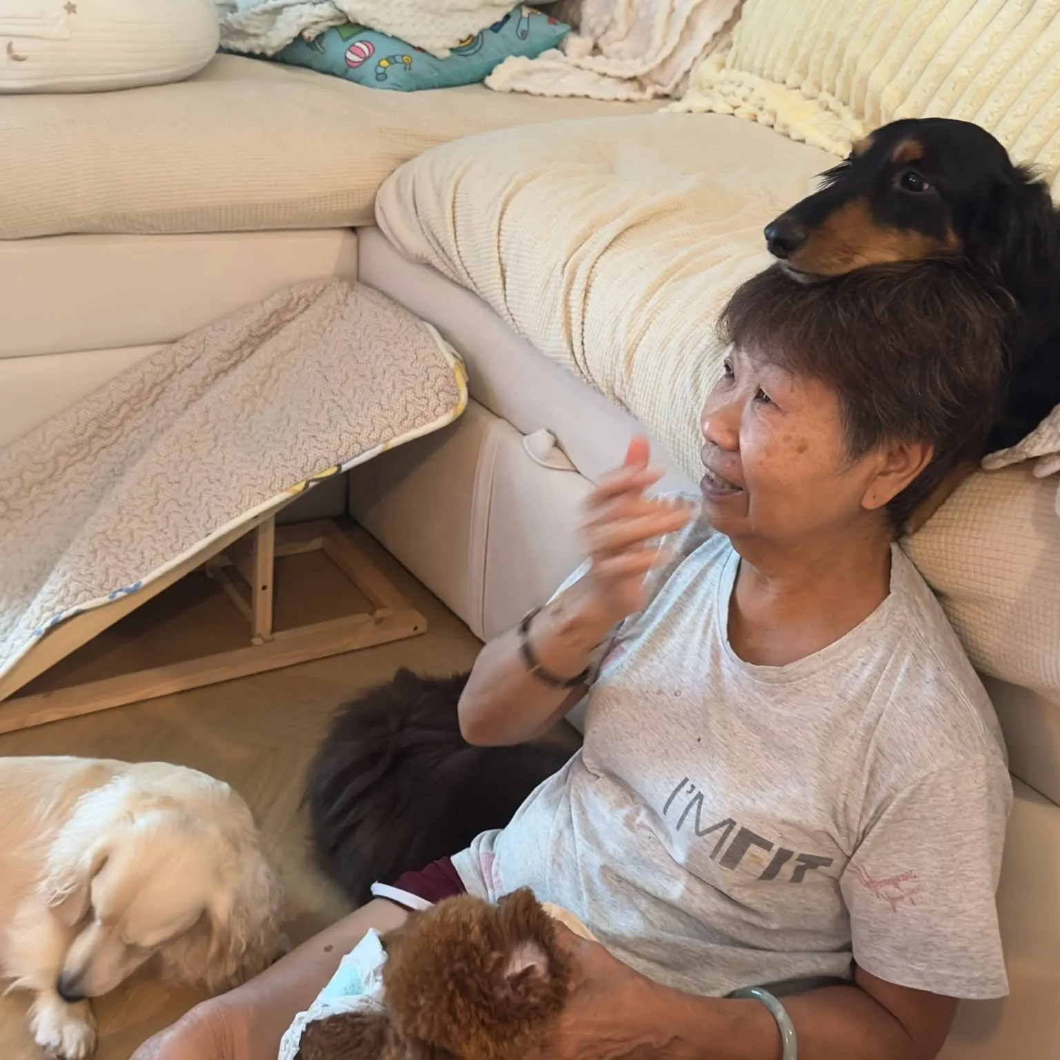 Host relaxing on the living-room floor with dachshunds and a toy poodle, one dog resting its chin on her head