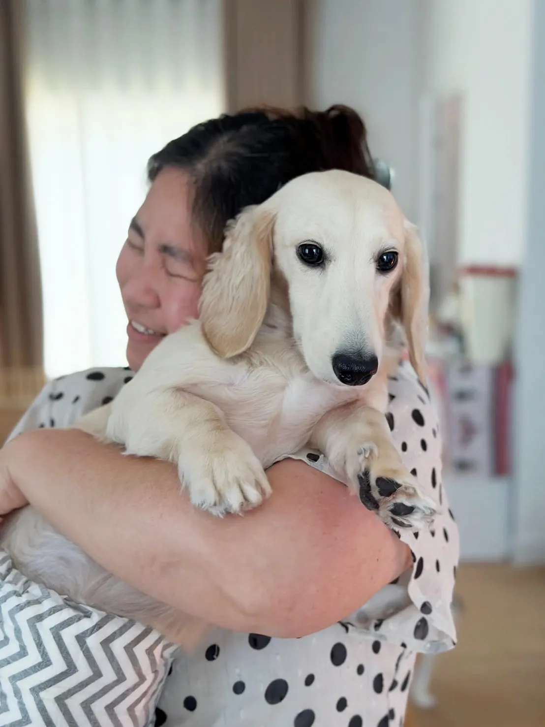 Pear, owner of Pear's Pawsh, hugging a cream long-haired dachshund