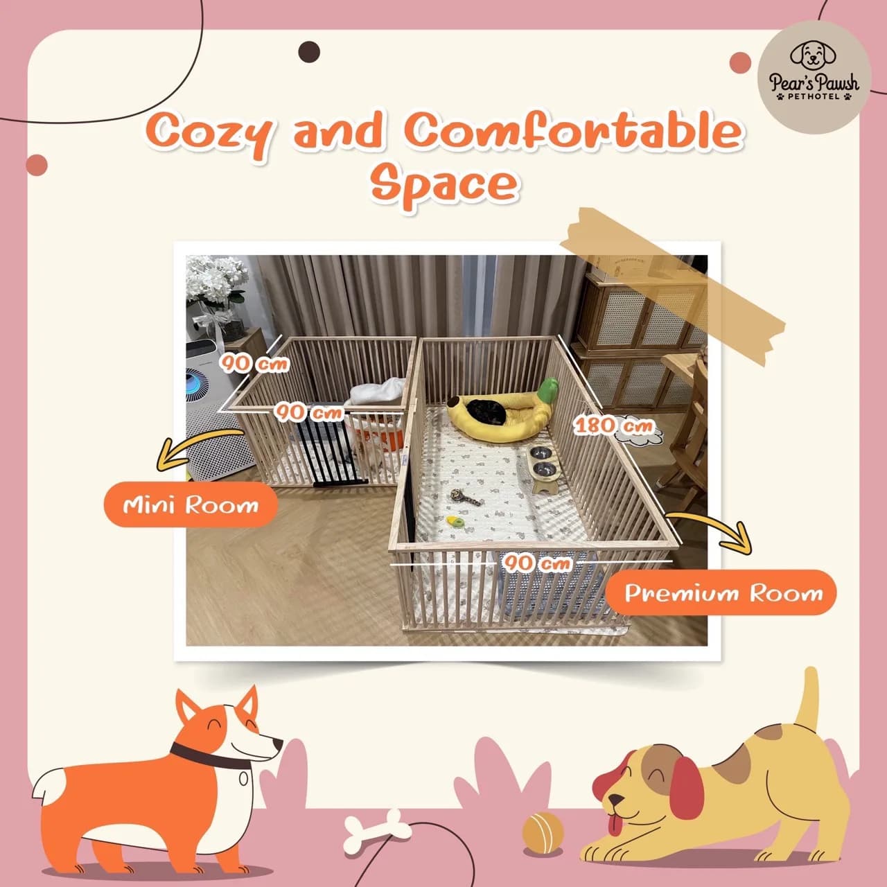 Our Mini room (90 × 90 cm) and Premium room (90 × 180 cm): open wooden rooms with soft bedding, bowls and an air purifier
